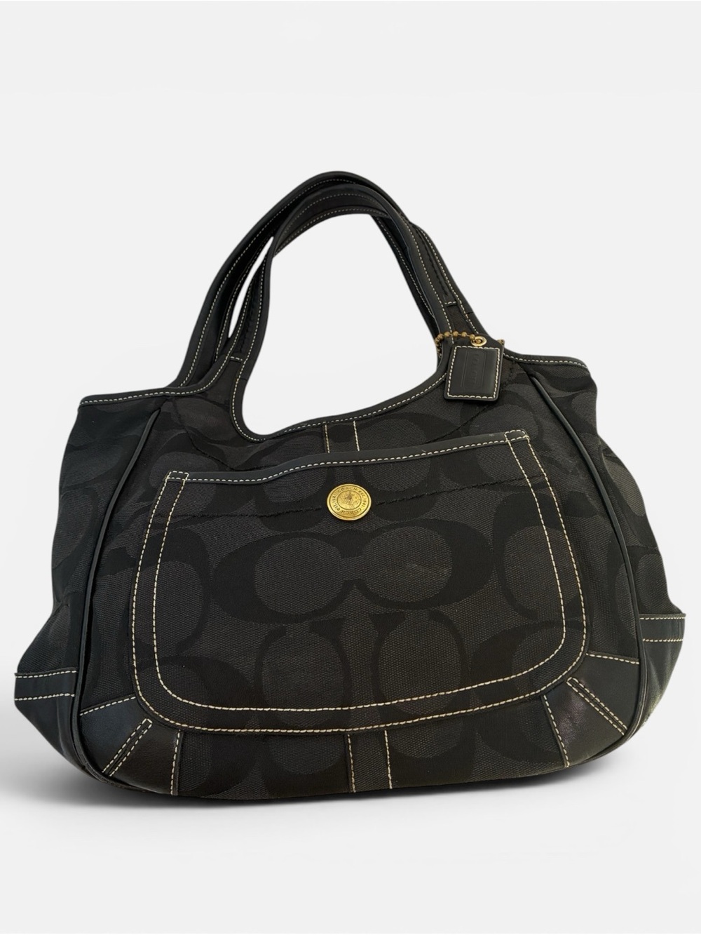 Coach Signature Black Jacquard Tote Bag Shoulder Handbag Leather Trim - Picture 7 of 10